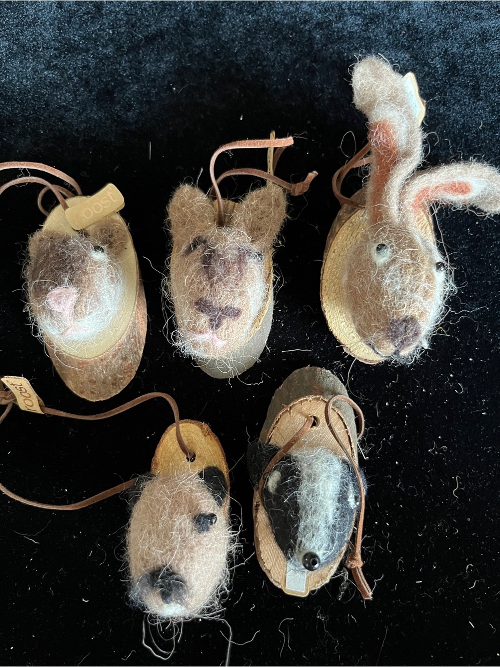 Lot of 5 Woodland Critters Felt Wood Mounted Ornaments Rabbit Skunk Mouse